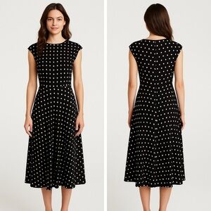 Vintage Y2K Karin Stevens Black White Polka Dot Midi Dress Size 6 Retro Pinup